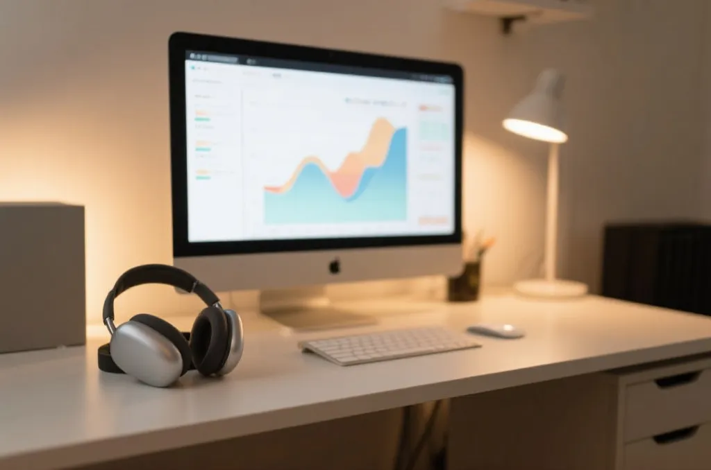 A professional and clean workspace with a modern computer monitor showing abstract data charts a sleek headset resting on the desk warm and reassuring lighting